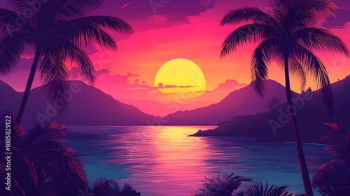Vibrant sunset over tranquil tropical waters, silhouetted palm trees framing a majestic sun.