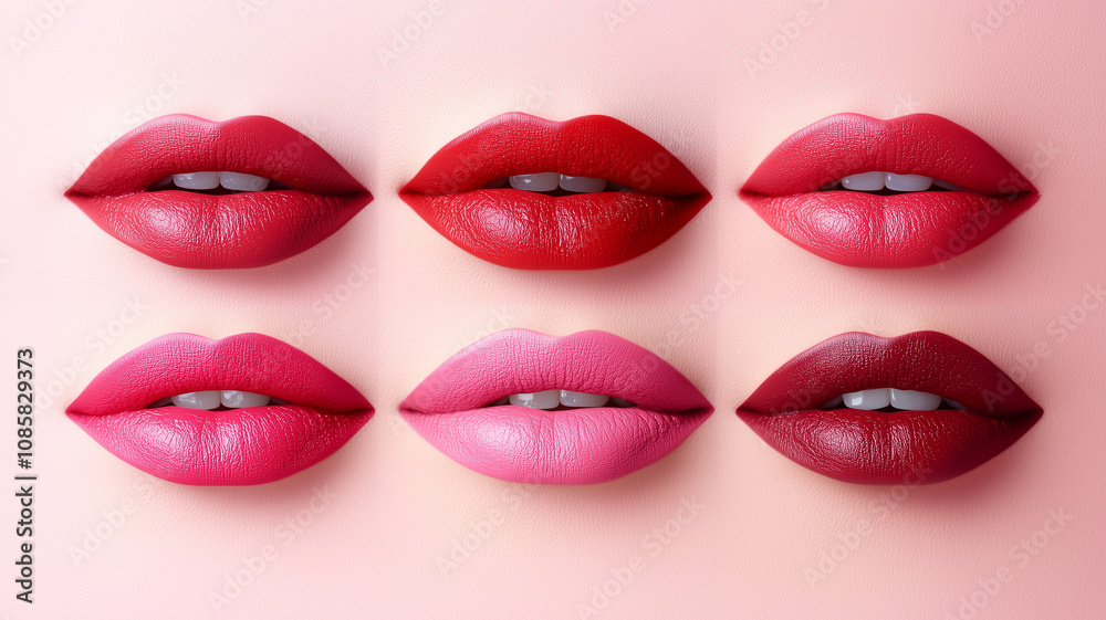 Various shades of red and pink lip colors on lips Various shades of red and pink lip colors on lips