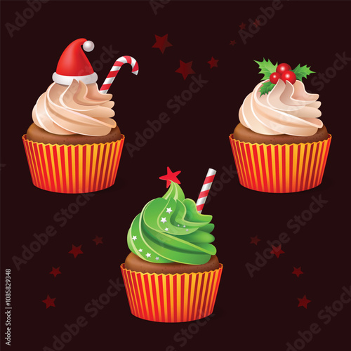 Christmas cupcakes set on dark background