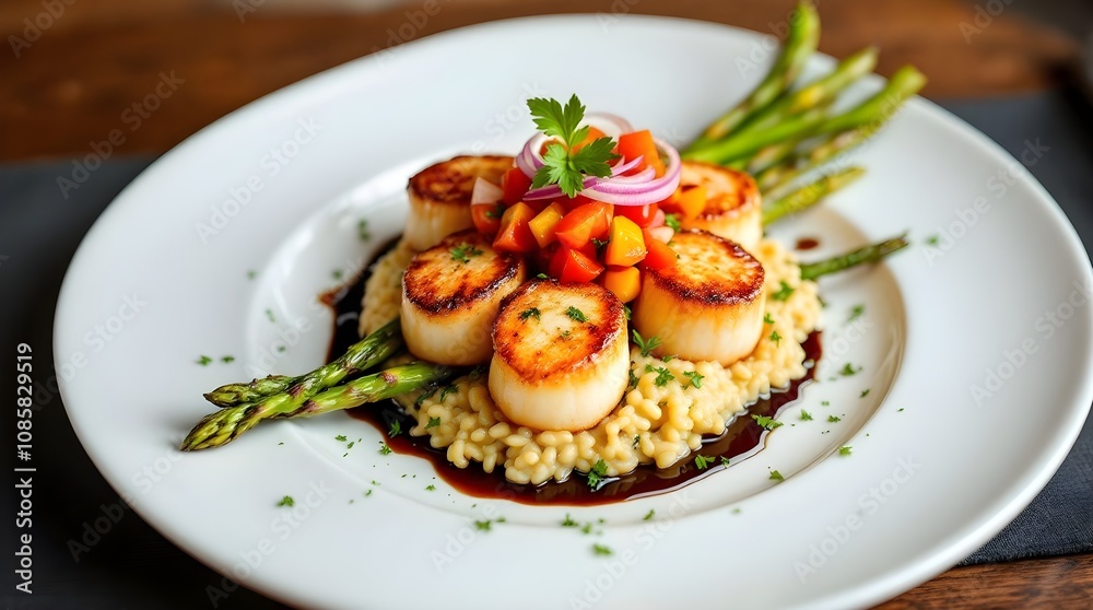 Gourmet Seared Scallops with Risotto and Asparagus Gourmet Seared Scallops with Risotto and Asparagus