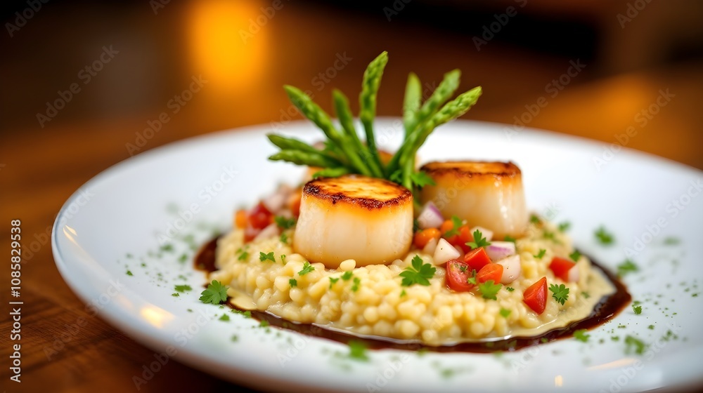 Gourmet Seared Scallops with Risotto and Asparagus Gourmet Seared Scallops with Risotto and Asparagus
