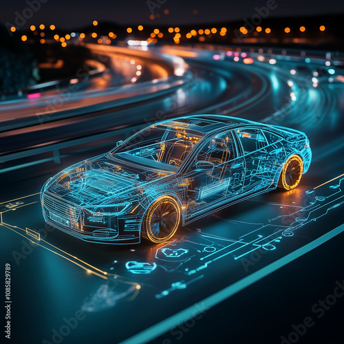 Autonomous car on road with advanced technology glowing at night