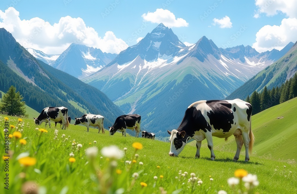 Cows grazing in a field with mountains behind them Cows grazing in a field with mountains behind them