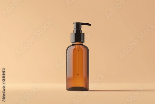 Blank amber glass pump bottle for oil mockup isolated, 3d rendering. Empty salve or balsam jar mock up, front view. Clear brown tube with oily or foam for spa healthcare mokcup template