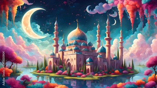 Magical mosque on island at night, crescent moon, colorful trees, fantasy illustration. photo