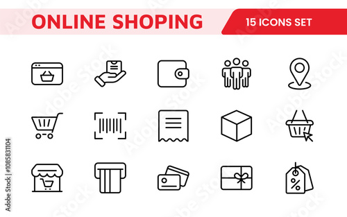 Shopping Icon Set. Vibrant and engaging icons for enhancing e-commerce platforms, perfect for product listings, cart management, and checkout processes to elevate the online shopping experience.