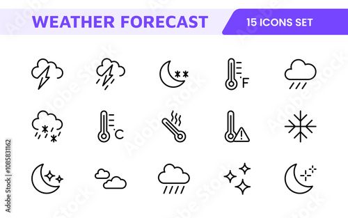 Weather Forecast Icon Set. Bright and dynamic icons for accurate weather reporting, perfect for enhancing apps, websites, and digital platforms Vector icons.