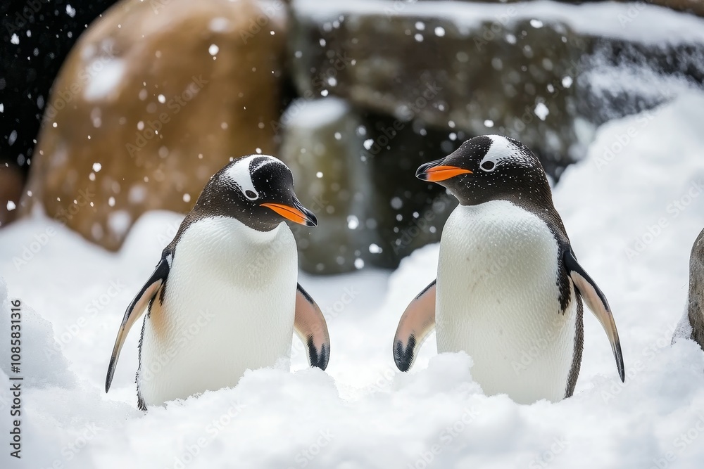 Obraz premium Explore the delightful realm of playful penguins amidst a sparkling snowy wonderland