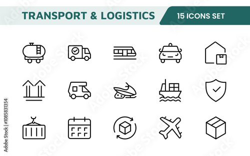 Transport and Logistics Icon Collection. High-Quality Icons for Shipping, Delivery, Freight, Fleet Management, Cargo Handling, and Supply Chain Optimization