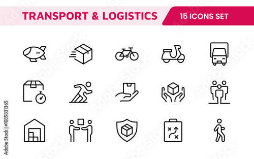 Transport and Logistics Icon Collection. High-Quality Icons for Shipping, Delivery, Freight, Fleet Management, Cargo Handling, and Supply Chain Optimization