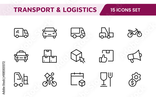 Transport and Logistics Icon Collection. High-Quality Icons for Shipping, Delivery, Freight, Fleet Management, Cargo Handling, and Supply Chain Optimization