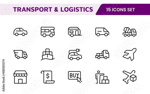 Transport and Logistics Icon Collection. High-Quality Icons for Shipping, Delivery, Freight, Fleet Management, Cargo Handling, and Supply Chain Optimization