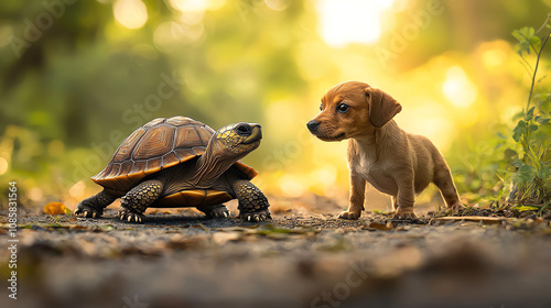 A charming dog and turtle encounter on a sunny path in a tranquil park setting photo