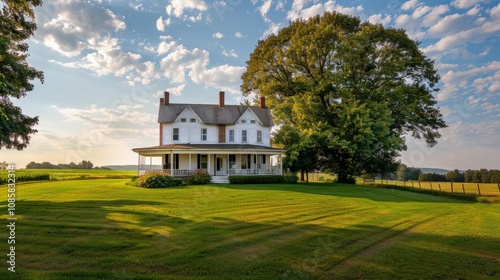 Country farmhouse with a large porch and fields in the background