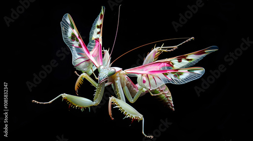 Amazing colorful Pseudocreobotra wahlbergii female. Spiny Flower Mantis show wings on black background