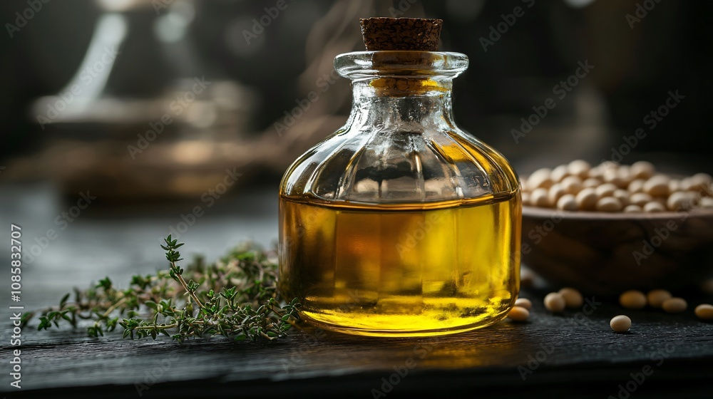 Glass bottle of golden soybean oil, isolated on a dark wooden surface with sprigs of thyme and fresh soybeans Glass bottle of golden soybean oil, isolated on a dark wooden surface with sprigs of thyme and fresh soybeans