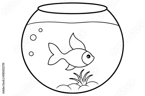 Goldfish Line Drawing A Serene Fish Bowl Scene with Aquatic Plants and Pebbles