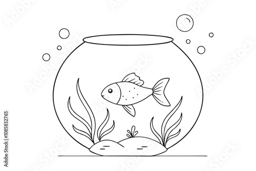 Goldfish Line Drawing A Serene Fish Bowl Scene with Aquatic Plants and Pebbles