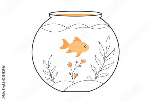 Goldfish Line Drawing A Serene Fish Bowl Scene with Aquatic Plants and Pebbles