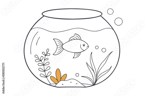 Goldfish Line Drawing A Serene Fish Bowl Scene with Aquatic Plants and Pebbles
