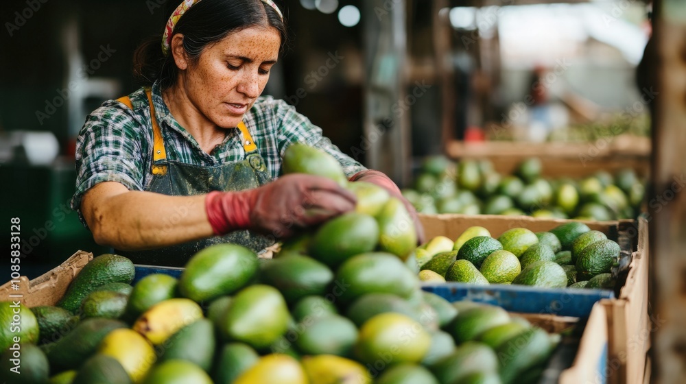 Fototapeta premium Female Worker Sorting Fresh Avocados in a Warehouse