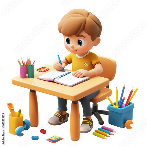 A 3D cartoon student sitting at a desk, focused on writing in a notebook, surrounded by colorful school supplies