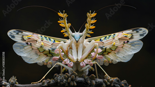 Amazing colorful Pseudocreobotra wahlbergii female. Spiny Flower Mantis show wings on black background