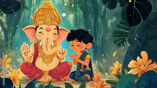 Cartoon of Lord Ganesha with children sitting in the forest