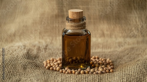 Rustic bottle of soybean oil with wooden accents, surrounded by fresh soybeans, isolated on a burlap cloth