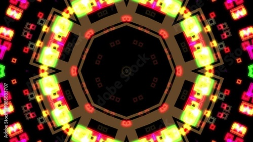 Neon Geometric Kaleidoscope: Vibrant Square and Hexagon Pattern