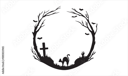 graveyard scene spooky gravestones vector illustration
Halloween holiday black frame with cemetery, witch stock illustration 