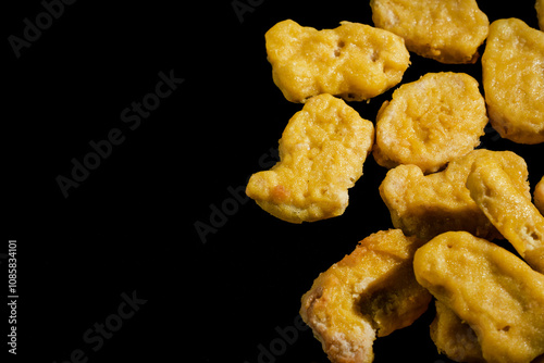 A pile of golden fried chicken nuggets on a black background. The nuggets are arranged in a way that they look like they are in a row, with some overlapping each other. Scene is warm and inviting photo