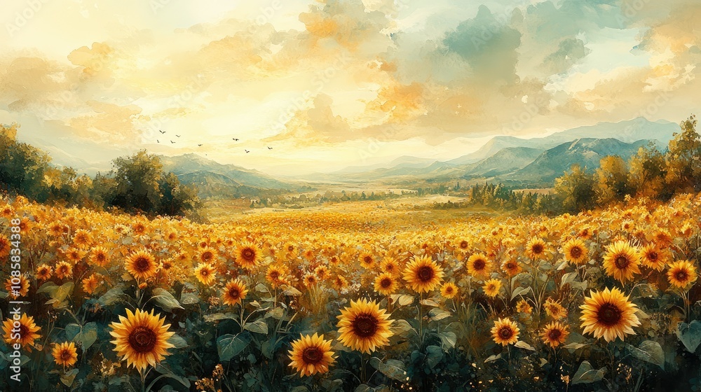 Fototapeta premium Serene sunset over vast sunflower field in rolling hills.