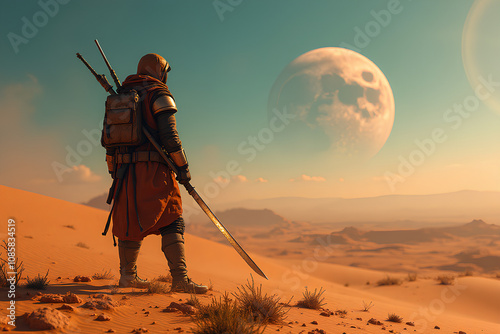 warrior in the desert, apocalyptic time photo