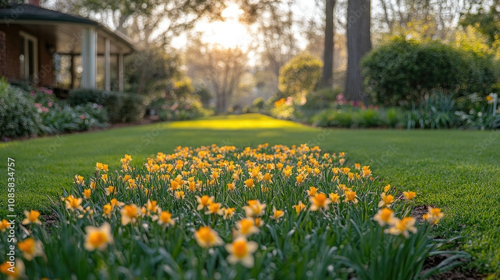 Fototapeta premium Sunlit garden path with daffodils, leading to a house.