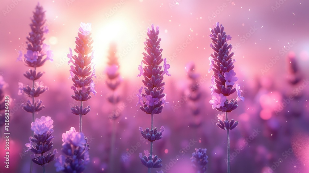 Obraz premium Sunset over a field of lavender flowers.