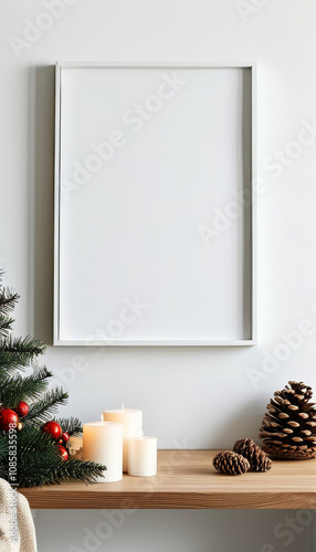 Christmas decorated Elegant white frame, empty white Mockup canvas, Blank Mock-up Frame Canvas, modern christmas celebration interior, wall art presentation mockup, Picture frame