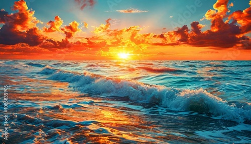 Colorful sunset or sunrise above the sea surface,Aerial view drone fly over open sea,Reflected sun beautiful light of nature on water surface,Sunset over ocean,Sea summer and travel vacation concept