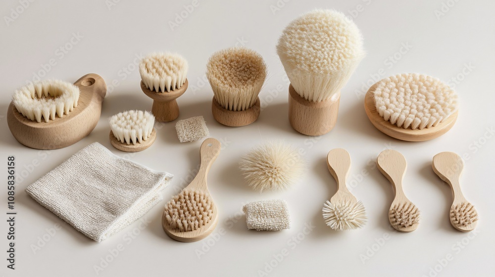 Eco-friendly personal care routine natural brushes and accessories display home product photography minimalistic setting sustainable living concept Eco-friendly personal care routine natural brushes and accessories display home product photography minimalistic setting sustainable living concept