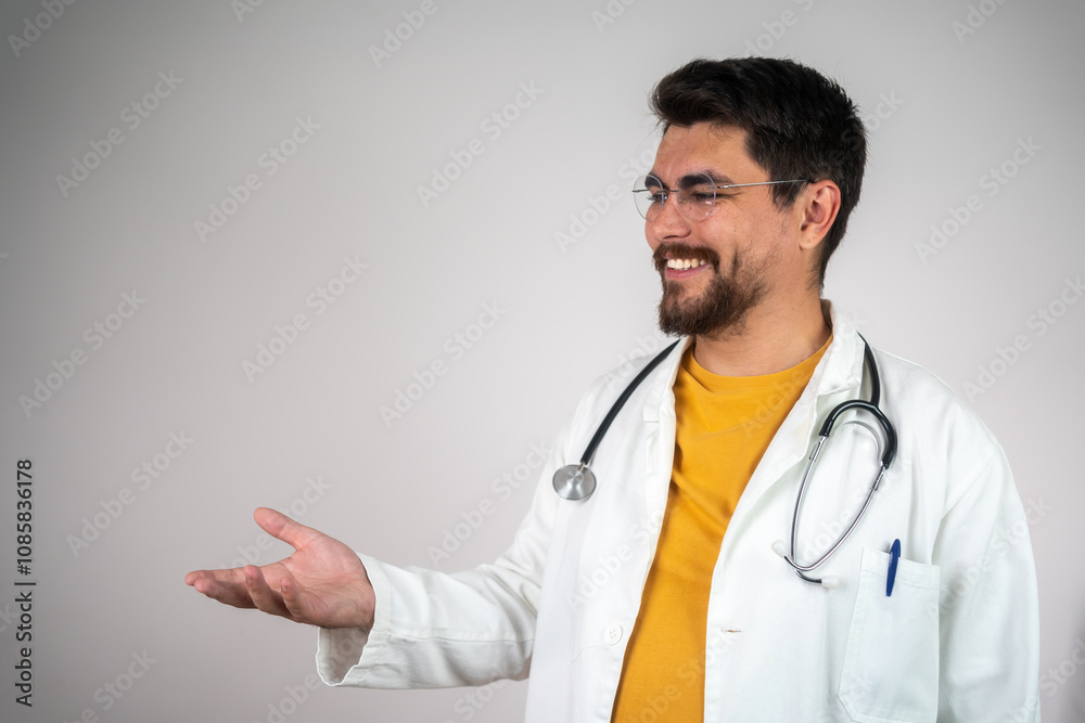 Portrait of a smiling male doctor pointing with hand to side at studio copy space and looking at advertisement. Smiling doctor pointing his hand. Male doctor pointing to the side to present a product.