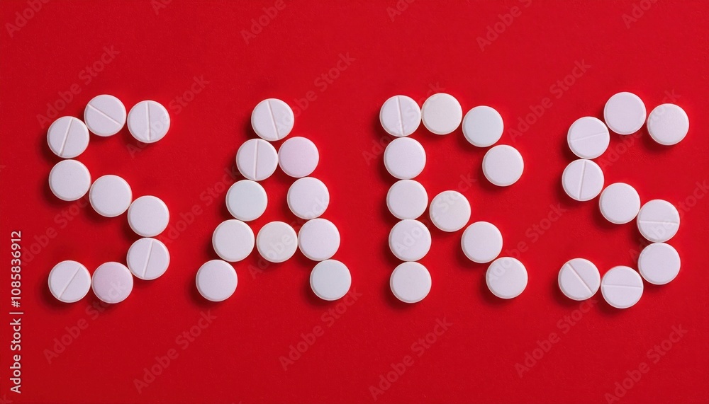Pharmaceutical Innovation. Exploring the Role of Tablets in Combating SARS, Visual Representation of Medicine and Disease Response with Symbolic White Pills on a Red Backdrop Pharmaceutical Innovation. Exploring the Role of Tablets in Combating SARS, Visual Representation of Medicine and Disease Response with Symbolic White Pills on a Red Backdrop