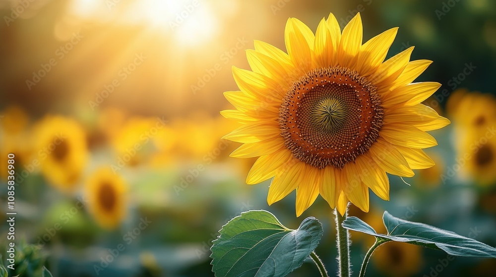 Fototapeta premium Vibrant sunflower in a field at sunset.