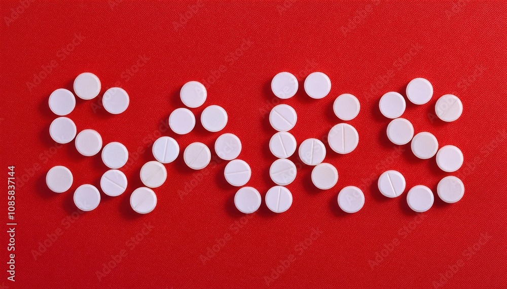 Pharmaceutical Innovation. Exploring the Role of Tablets in Combating SARS, Visual Representation of Medicine and Disease Response with Symbolic White Pills on a Red Backdrop