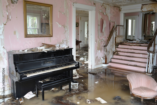 A flood and hurricane damaged luxury historic home. A piano and antique furniture are soaked and destroyed in the flooded interior of a classic Victorian home that has been destroyed by severe weathe  photo