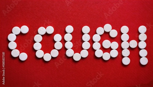 Creative Use of White Pills Spelling 'COUGH' Against a Bold Red Background. Conceptual Representation of Healthcare, Remedies, and Pharmaceutical Solutions for Respiratory Issues