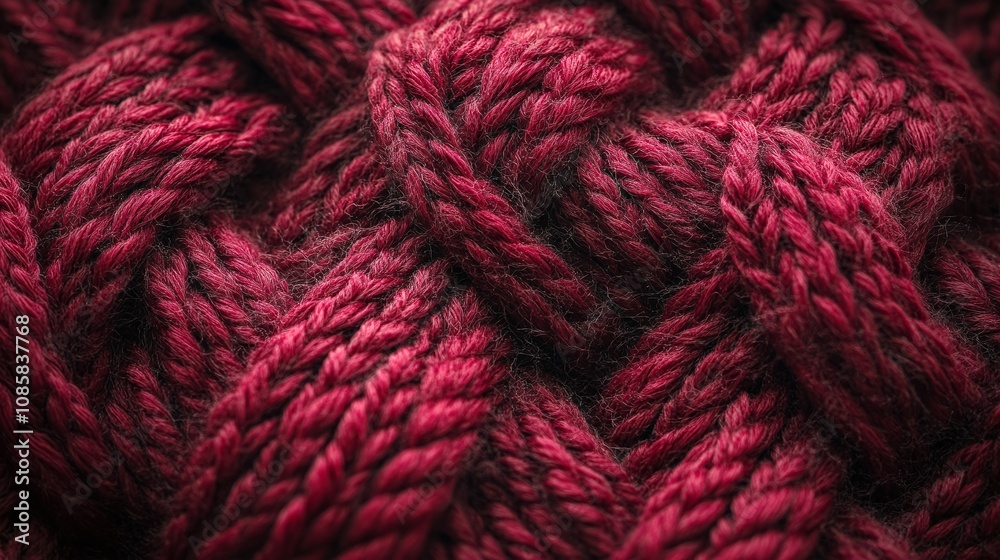 close-up of braided, knitted burgundy rope highlighting texture and craftsmanship