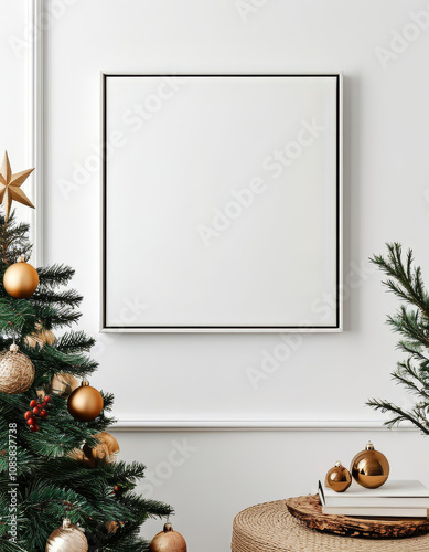 Christmas decorated Elegant white frame, empty white Mockup canvas, Blank Mock-up Frame Canvas, modern christmas celebration interior, wall art presentation mockup, Picture frame