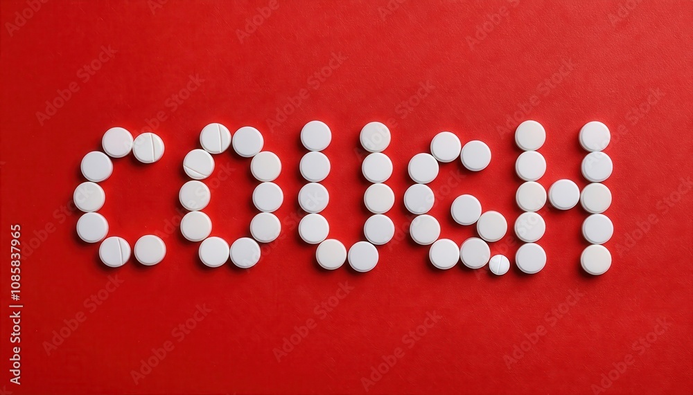 Creative Use of White Pills Spelling 'COUGH' Against a Bold Red Background. Conceptual Representation of Healthcare, Remedies, and Pharmaceutical Solutions for Respiratory Issues Creative Use of White Pills Spelling 'COUGH' Against a Bold Red Background. Conceptual Representation of Healthcare, Remedies, and Pharmaceutical Solutions for Respiratory Issues