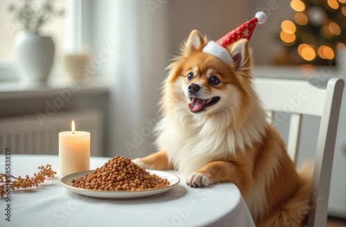 A Pomeranian dog in a New Year's Christmas holiday cap against the background of garlands at the table in front of a plate with dog food. dog Santa