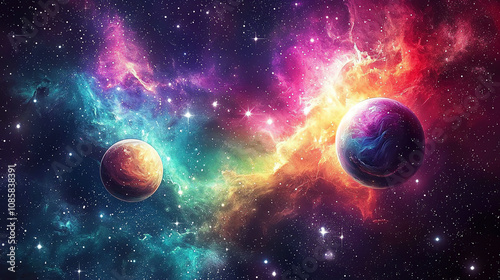 A vibrant galaxy with colorful nebulas, swirling stars, and two planets in a cosmic embrace illuminating the night sky